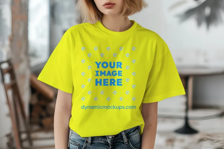 Woman Wearing Yellow T-shirt Mockup Front View Template