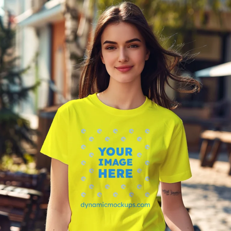 Woman Wearing Yellow T-shirt Mockup Front View Template