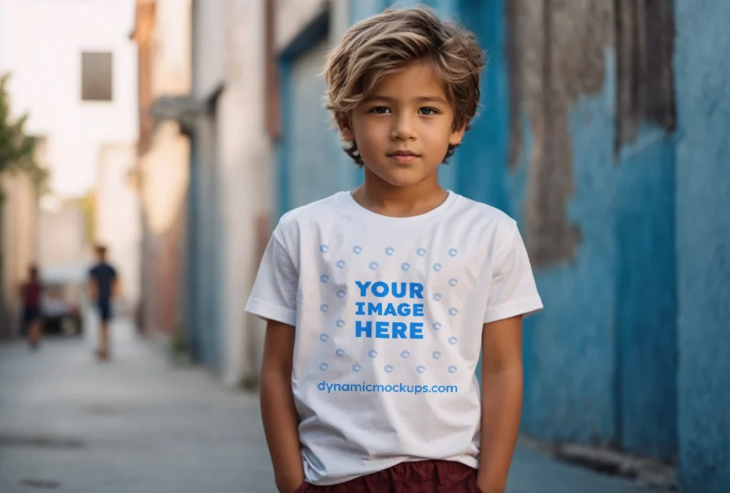 Boy Wearing White T-shirt Mockup Front View Template