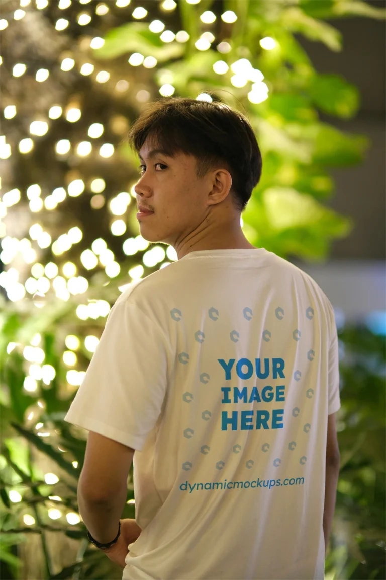 Man Wearing White T-shirt Mockup Back View Template