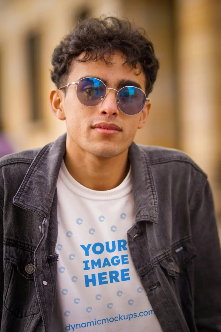 Man Wearing White T-shirt Mockup Front View Template