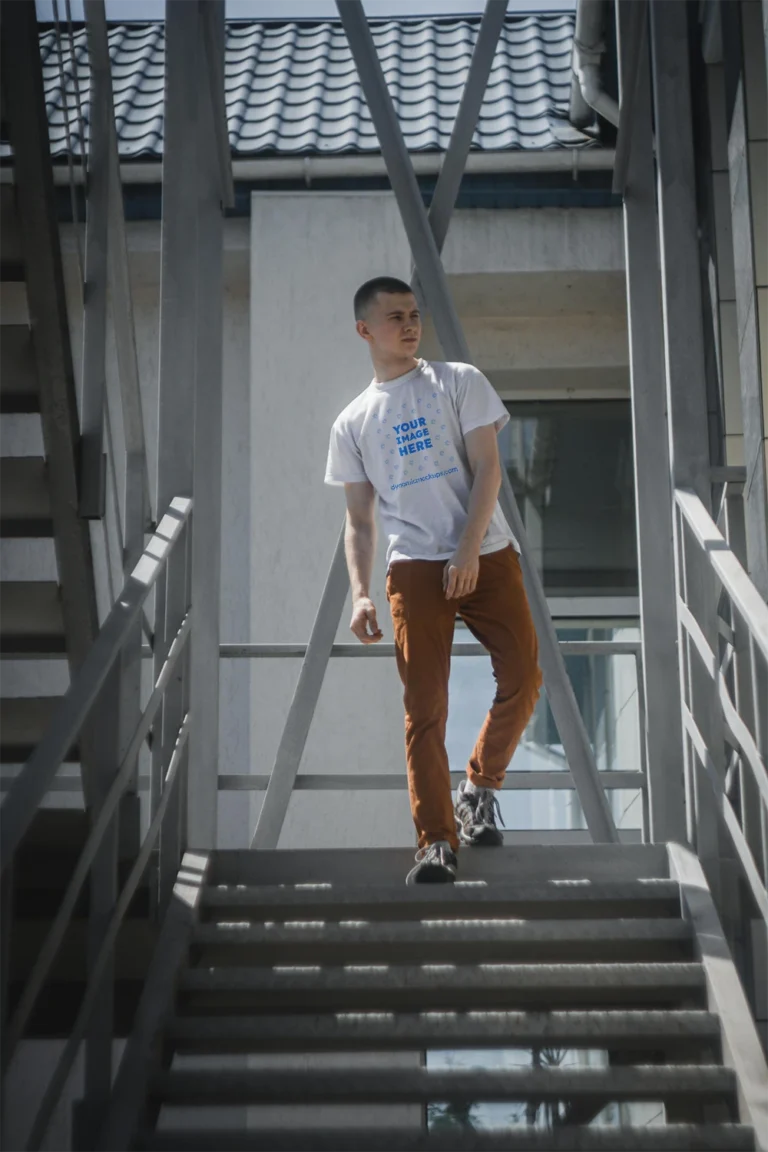 Man Wearing White T-shirt Mockup Front View Template