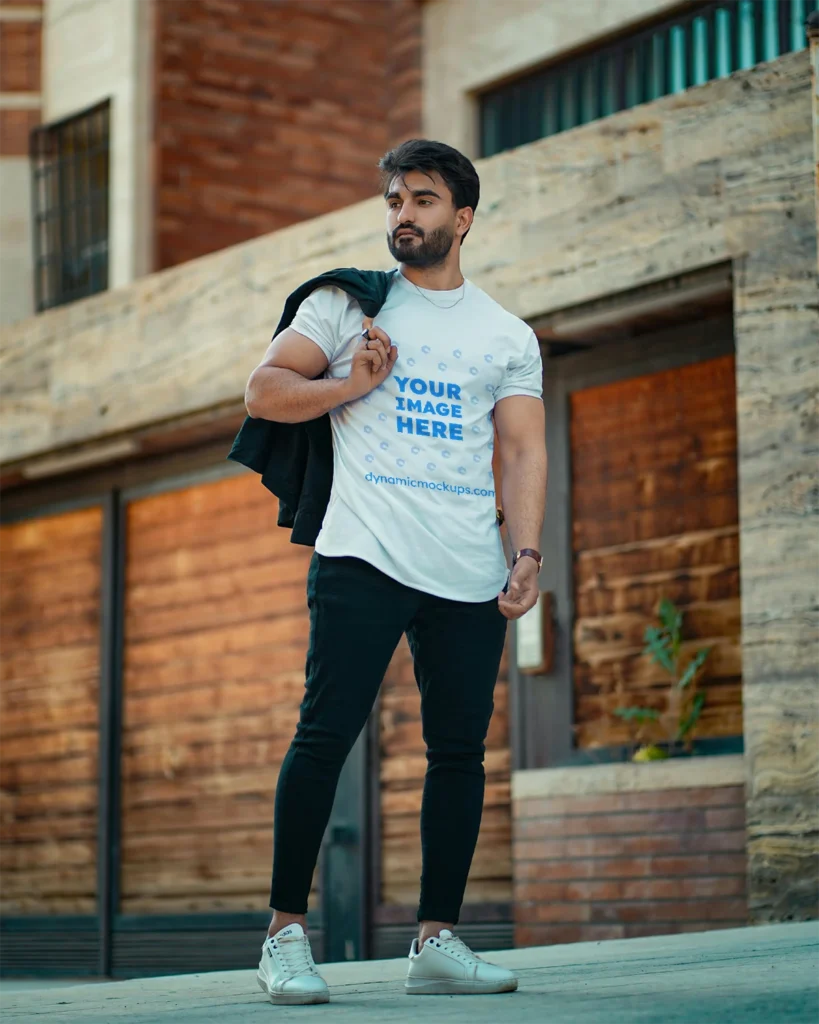 Man Wearing White T-shirt Mockup Front View Template