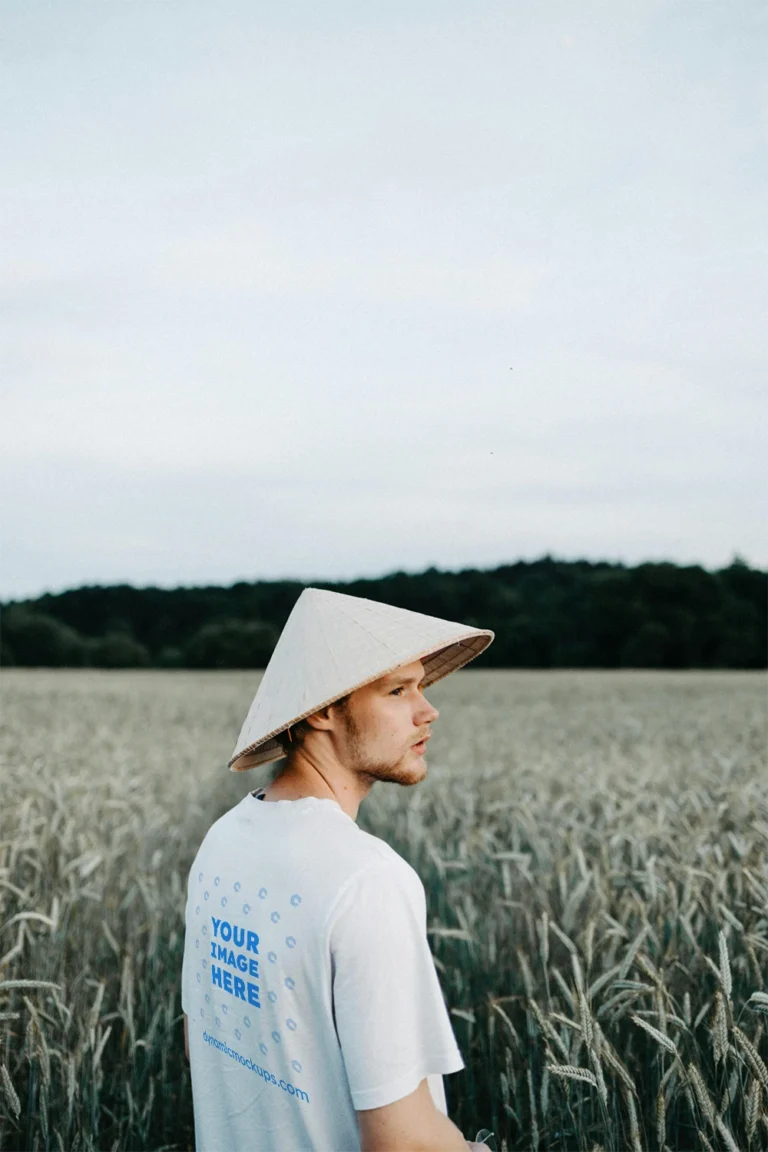 Man Wearing White T-shirt Mockup Front View Template