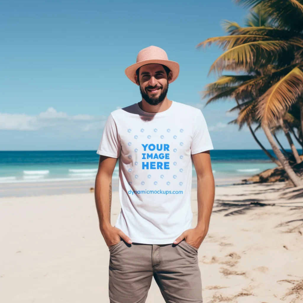 Man Wearing White T-shirt Mockup Front View Template