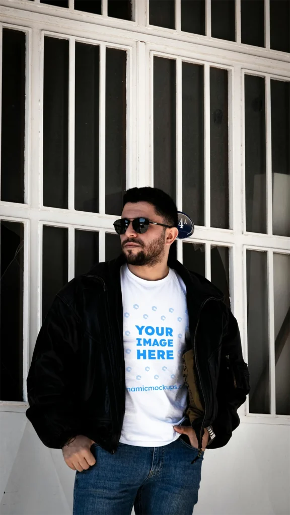 Man Wearing White T-shirt Mockup Front View Template