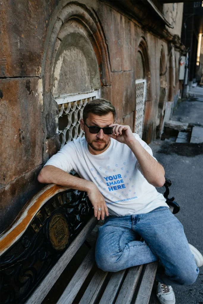 Man Wearing White T-shirt Mockup Front View Template