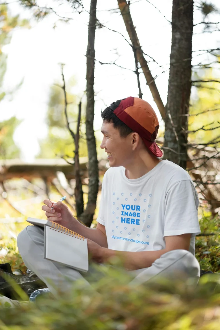 Man Wearing White T-shirt Mockup Front View Template