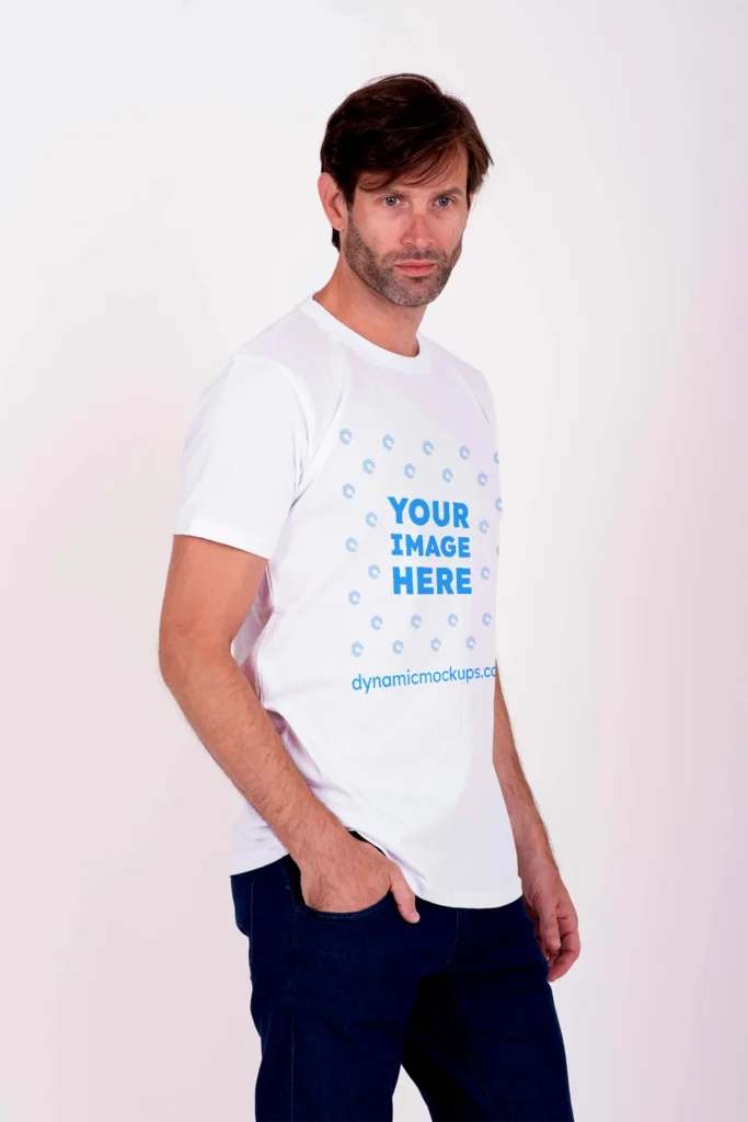 Man Wearing White T-shirt Mockup Side View Template