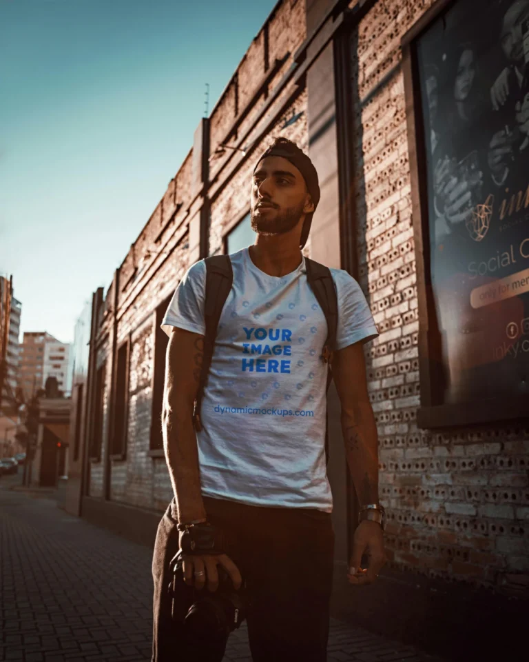 Man Wearing White T-shirt Mockup Front View Template