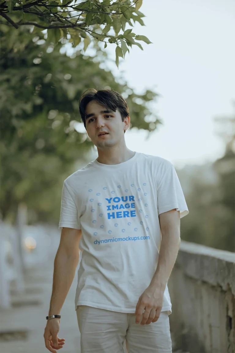 Man Wearing White T-shirt Mockup Front View Template