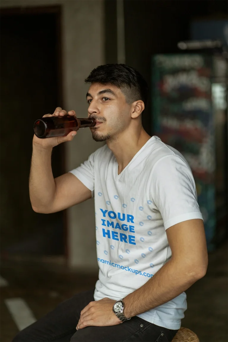 Man Wearing White T-shirt Mockup Side View Template