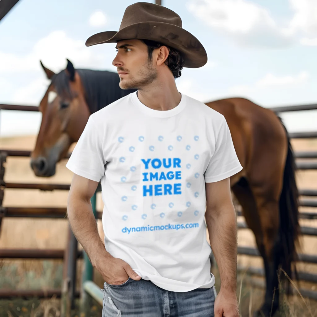 Man Wearing White T-shirt Mockup Front View Template