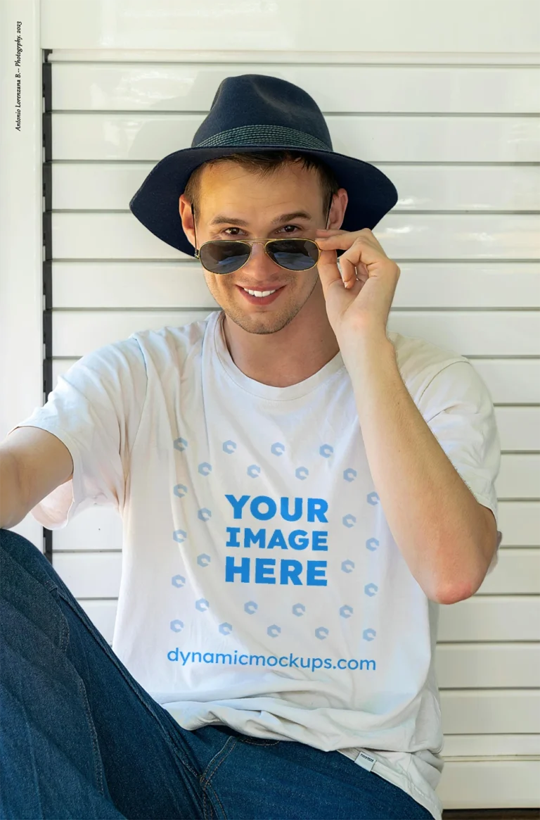 Man Wearing White T-shirt Mockup Front View Template