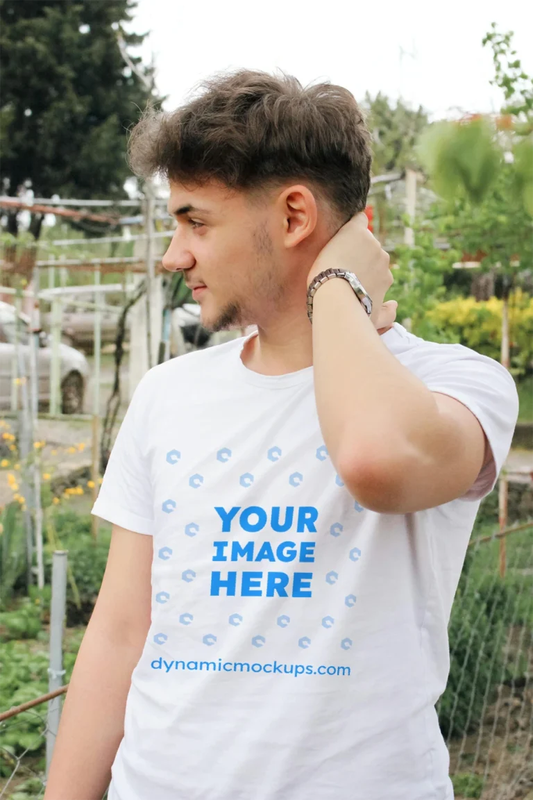 Man Wearing White T-shirt Mockup Front View Template