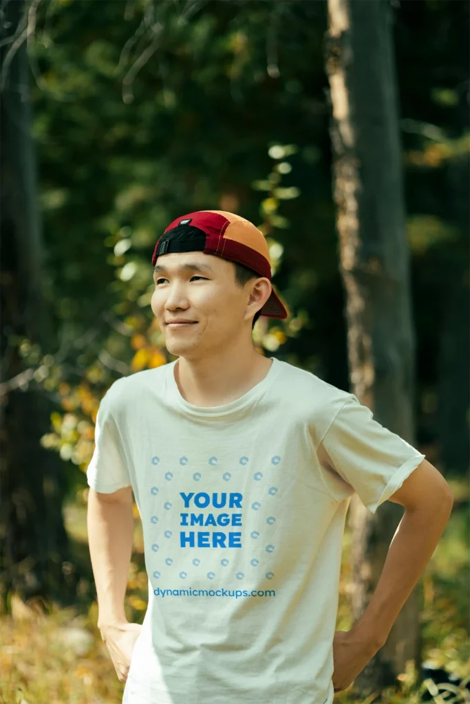 Man Wearing White T-shirt Mockup Front View Template