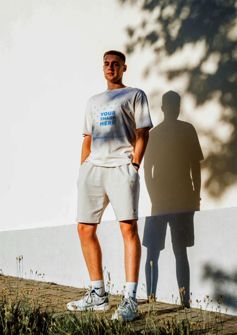 Man Wearing White T-shirt Mockup Front View Template