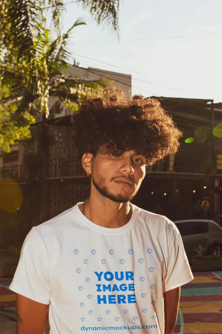 Man Wearing White T-shirt Mockup Front View Template