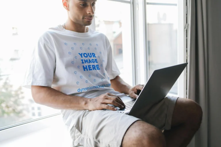 Man Wearing White T-shirt Mockup Front View Template