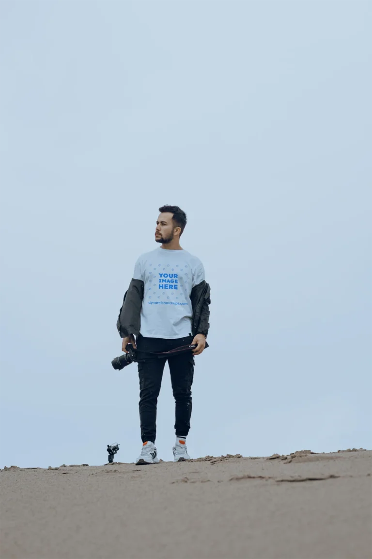 Man Wearing White T-shirt Mockup Front View Template