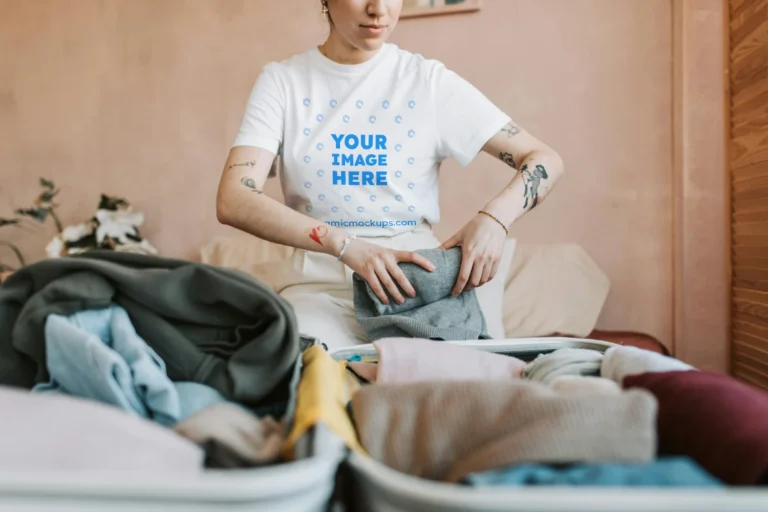 Man Wearing White T-shirt Mockup Front View Template