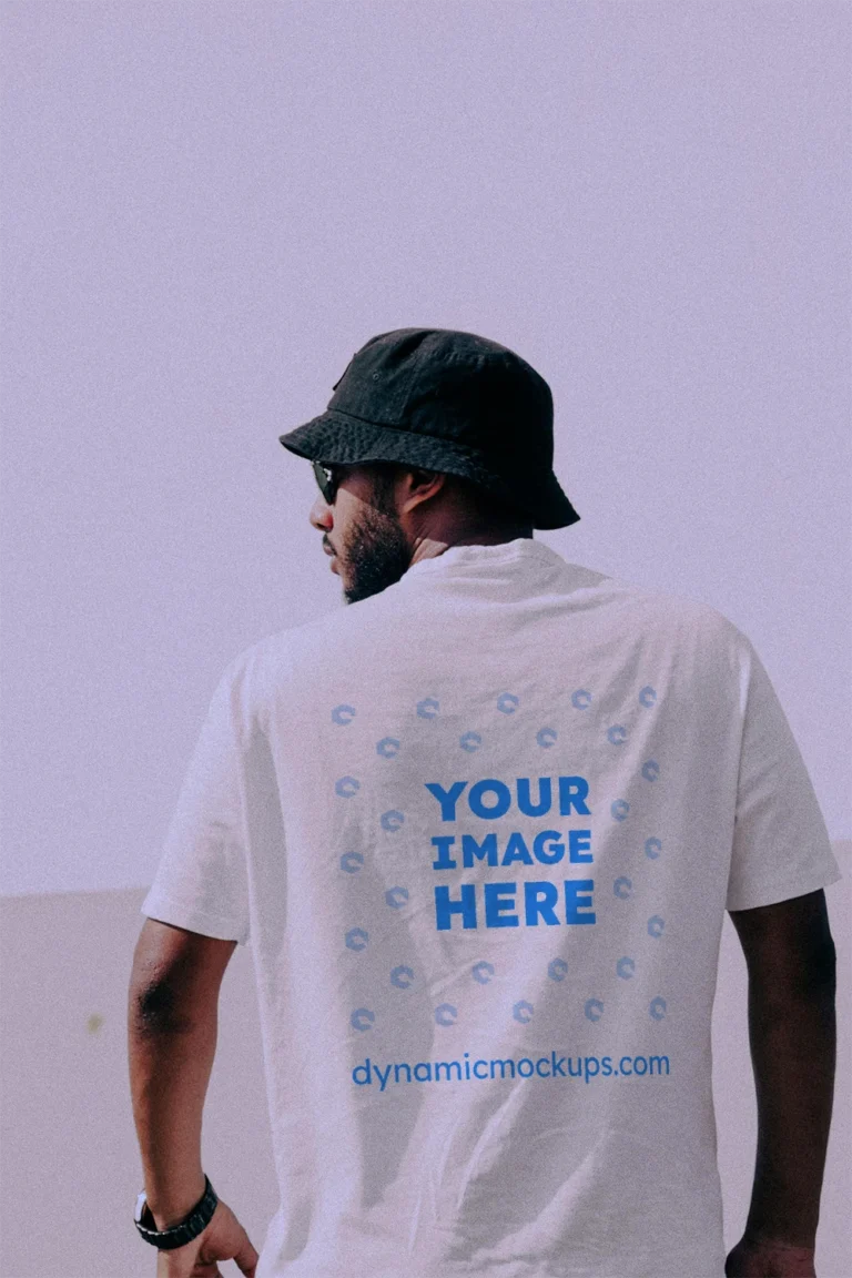 Man Wearing White T-shirt Mockup Back View Template