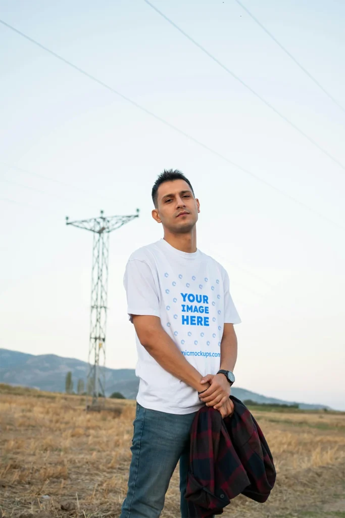 Man Wearing White T-shirt Mockup Front View Template