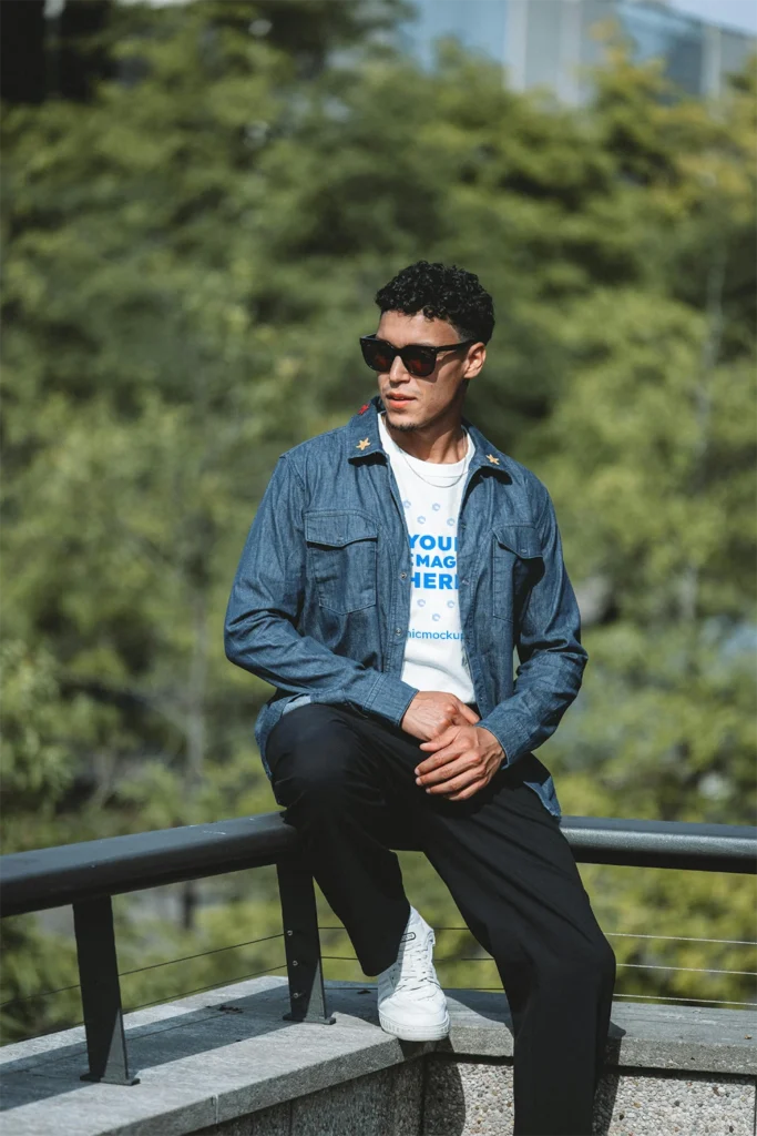 Man Wearing White T-shirt Mockup Front View Template