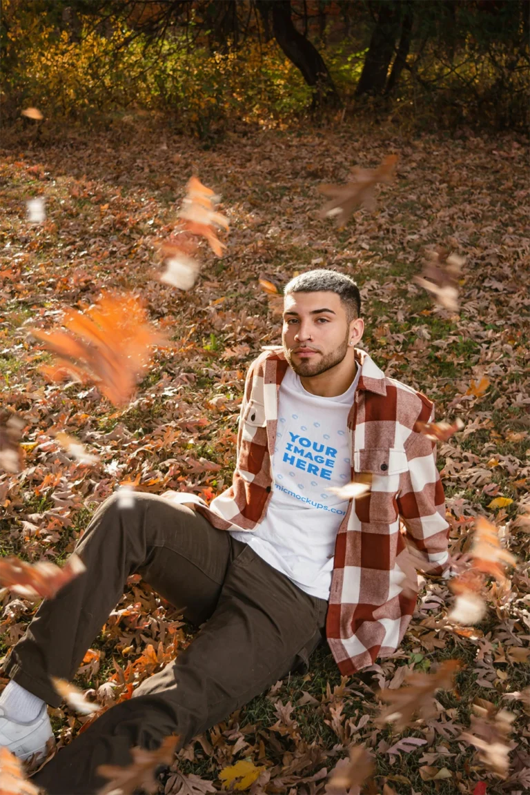 Man Wearing White T-shirt Mockup Front View Template