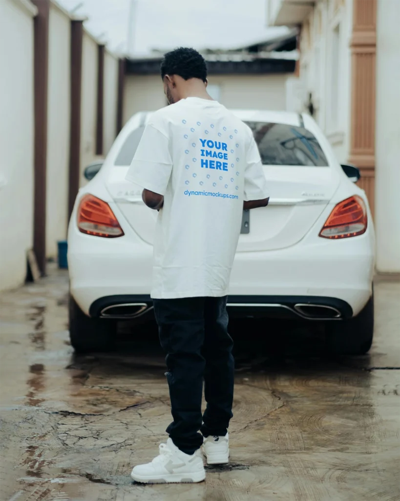 Man Wearing White T-shirt Mockup Back View Template