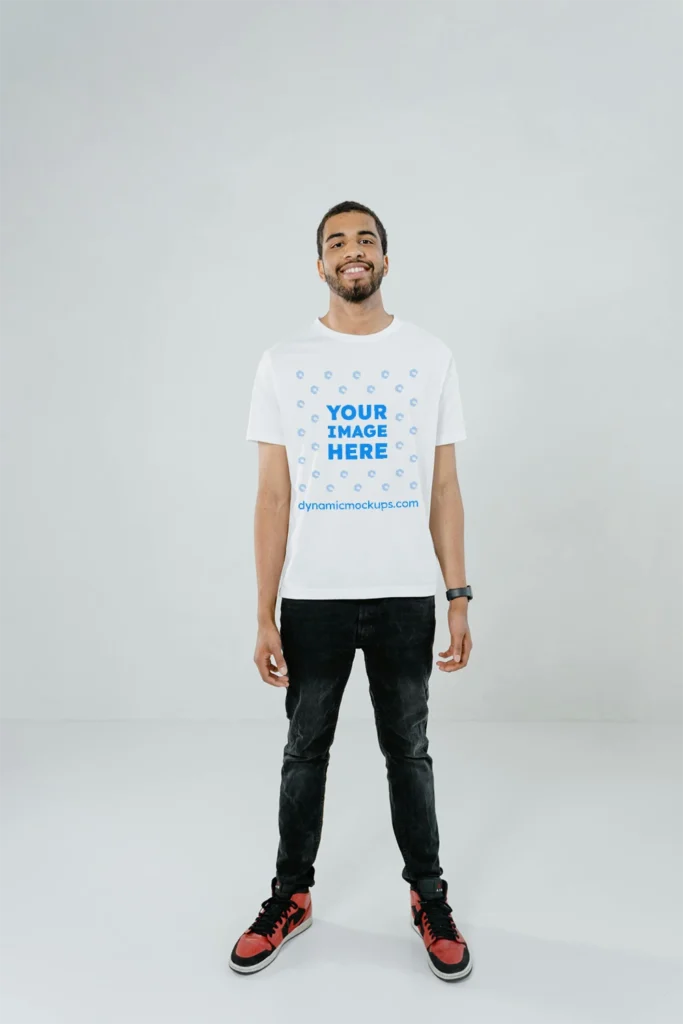 Man Wearing White T-shirt Mockup Front View Template