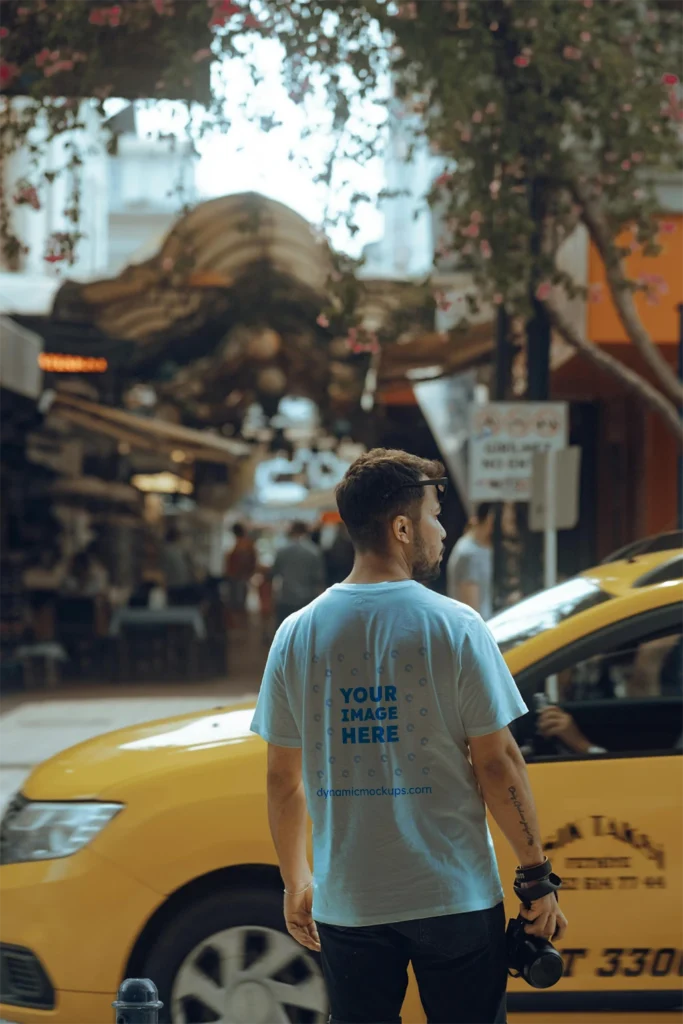 Man Wearing White T-shirt Mockup Back View Template