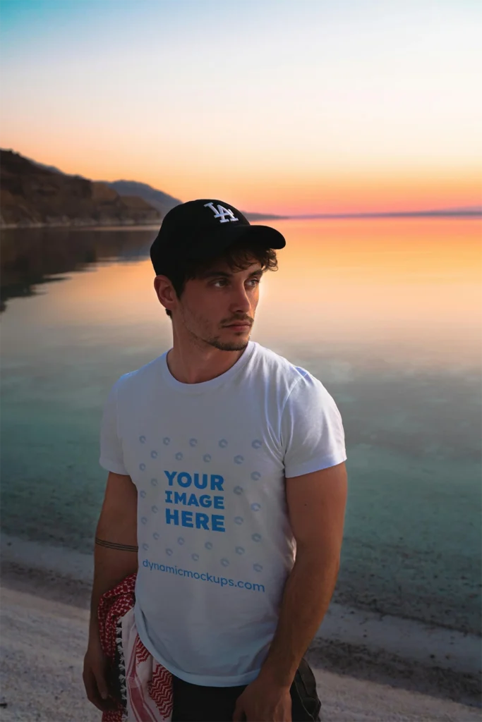 Man Wearing White T-shirt Mockup Front View Template