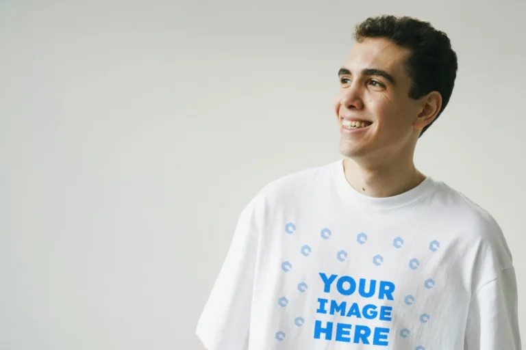 Man Wearing White T-shirt Mockup Front View Template