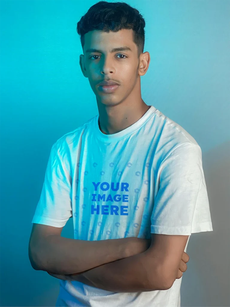 Man Wearing White T-shirt Mockup Front View Template