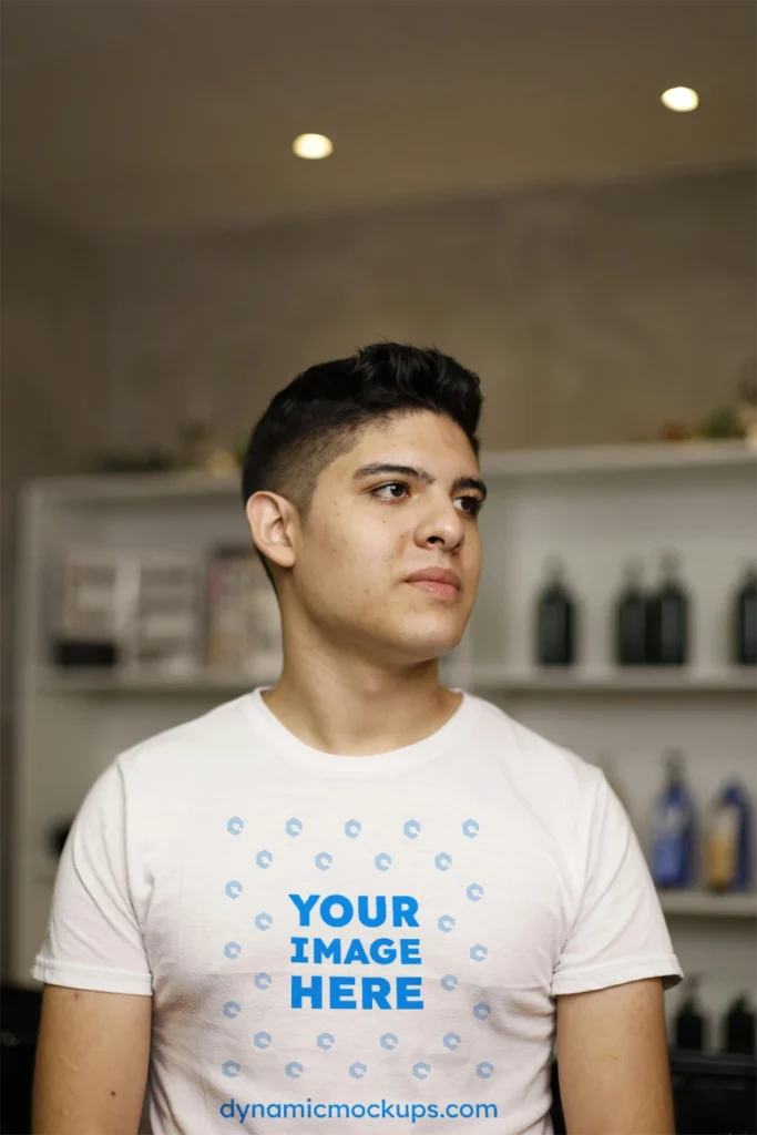 Man Wearing White T-shirt Mockup Front View Template