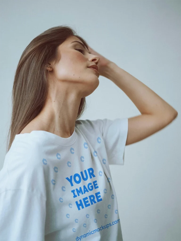 Woman Wearing White T-shirt Mockup Front View Template