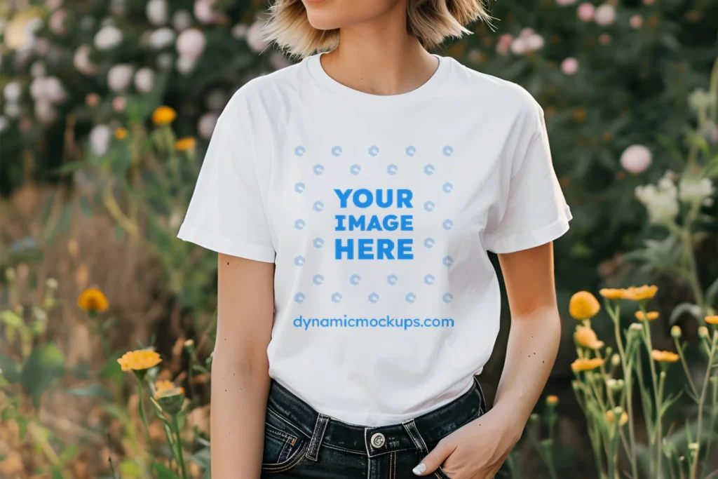 Woman Wearing White T-shirt Mockup Front View Template