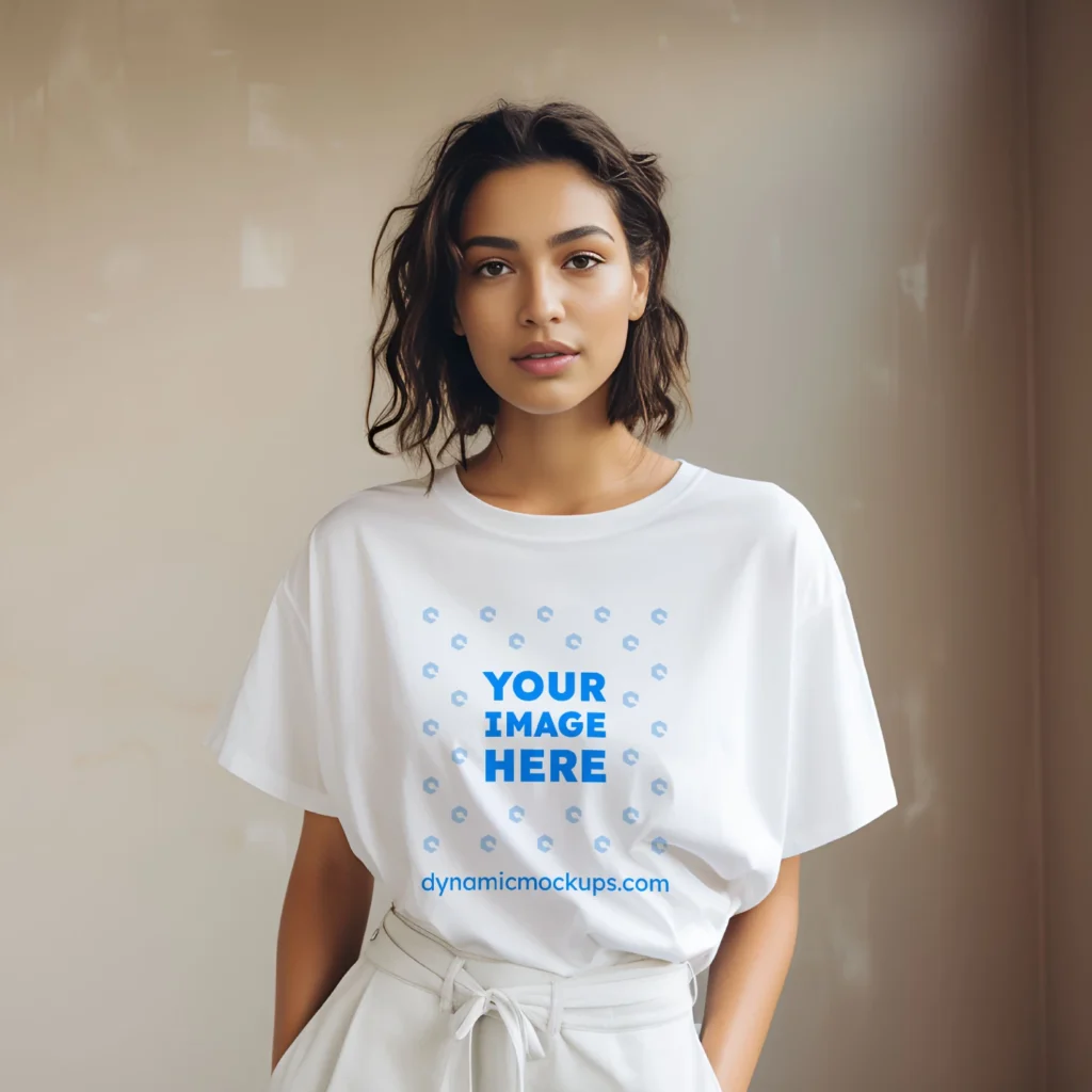 Woman Wearing White T-shirt Mockup Front View Template