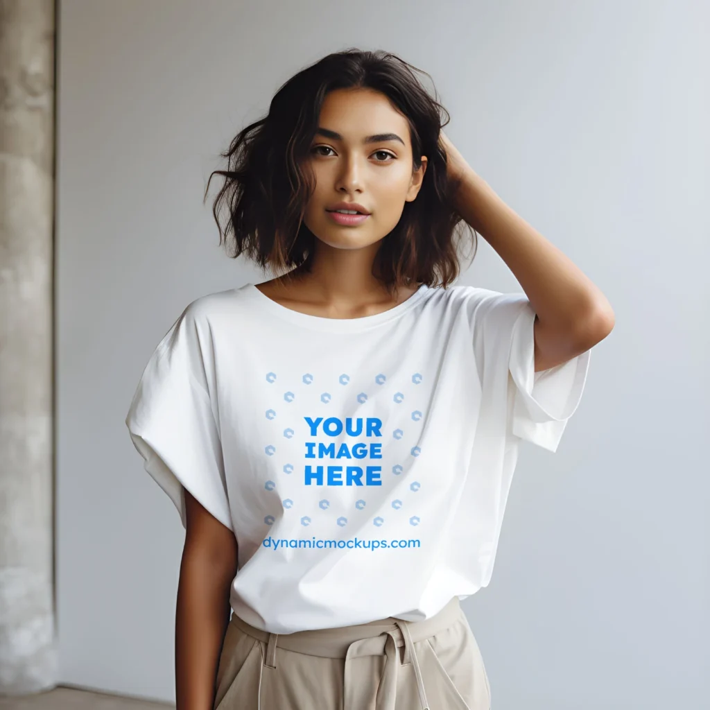 Woman Wearing White T-shirt Mockup Front View Template