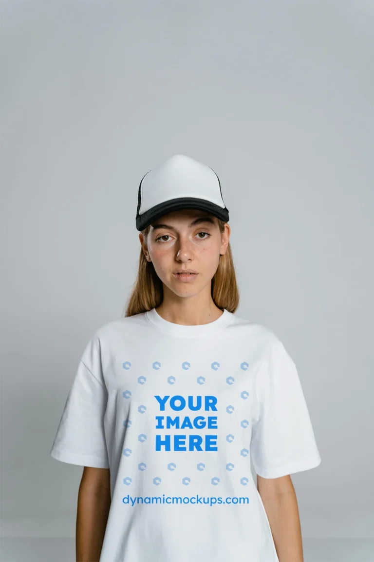 Woman Wearing White T-shirt Mockup Front View Template