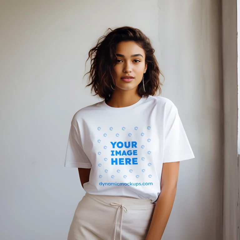 Woman Wearing White T-shirt Mockup Front View Template