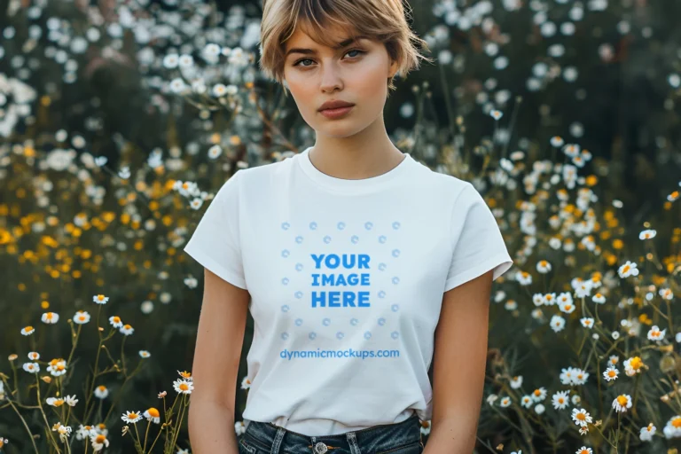 Woman Wearing White T-shirt Mockup Front View Template