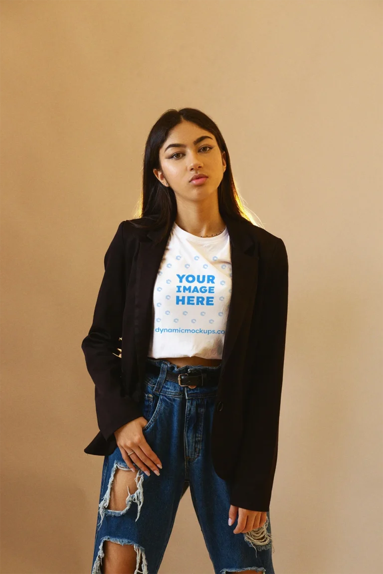 Woman Wearing White T-shirt Mockup Front View Template