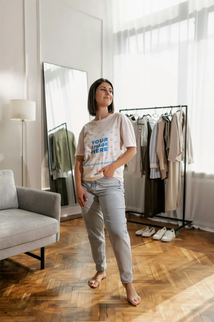 Woman Wearing White T-shirt Mockup Front View Template