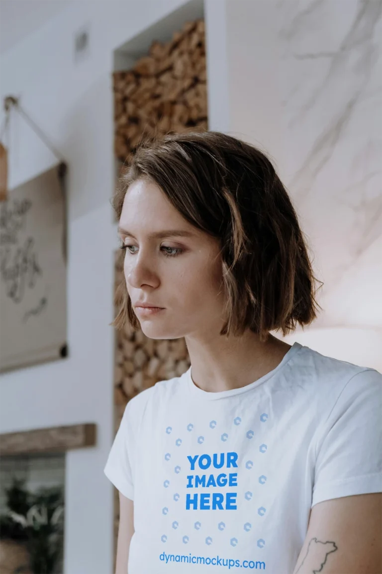 Woman Wearing White T-shirt Mockup Front View Template