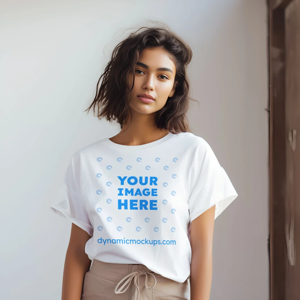 Woman Wearing White T-shirt Mockup Front View Template