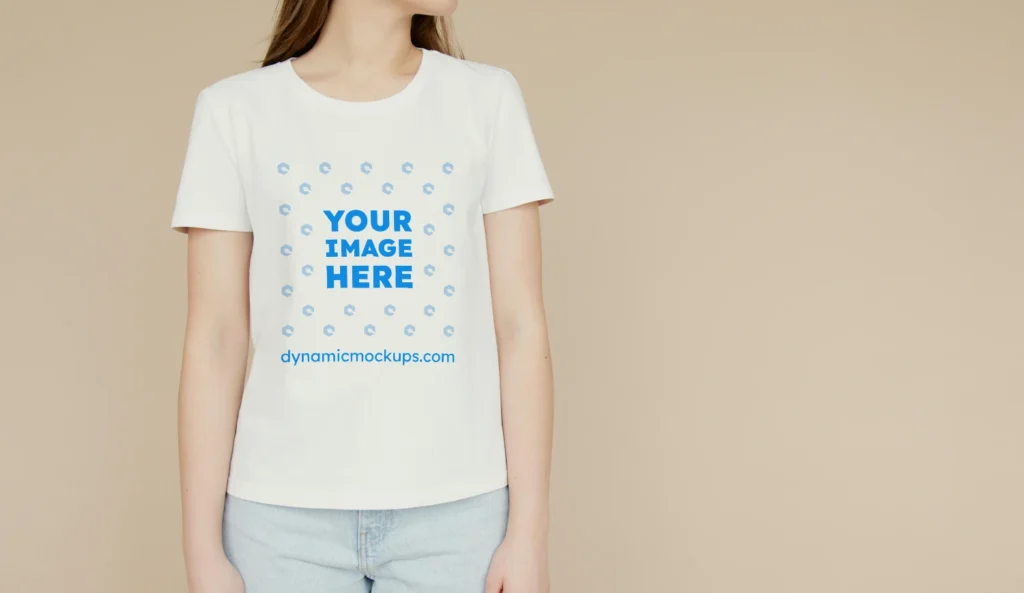 Woman Wearing White T-shirt Mockup Front View Template