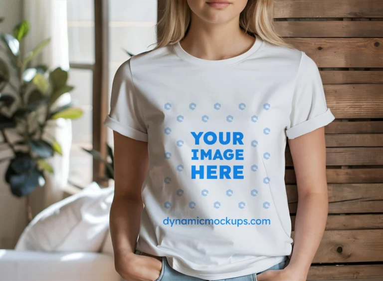 Woman Wearing White T-shirt Mockup Front View Template