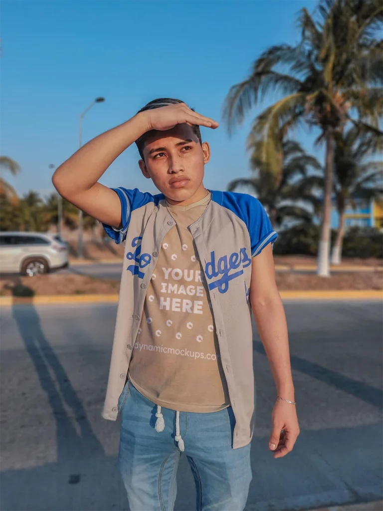 Boy Wearing Beige T-shirt Mockup Front View Template